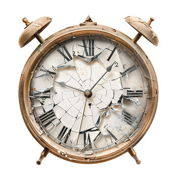 A broken clock with shattered glass and frozen hands, symbolizing lost time, isolated on a white background.