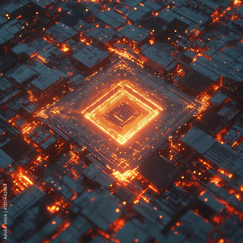 Poster abstract glowing technology on circuit board with geometric patterns and light effects