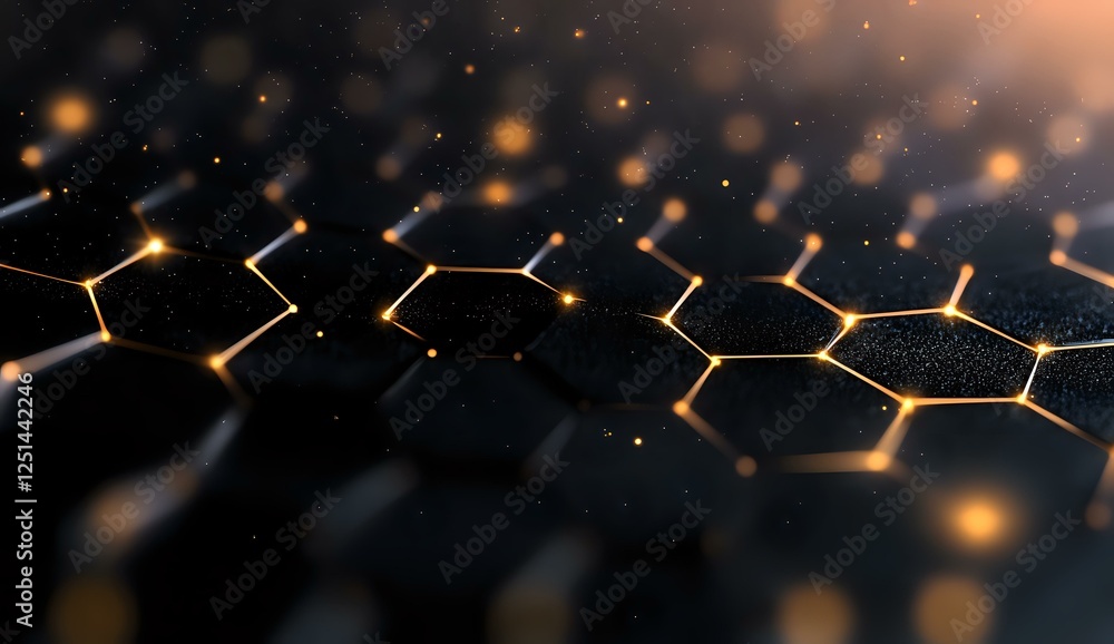 Poster glowing hexagonal molecular structure with golden light effects on dark background, abstract science