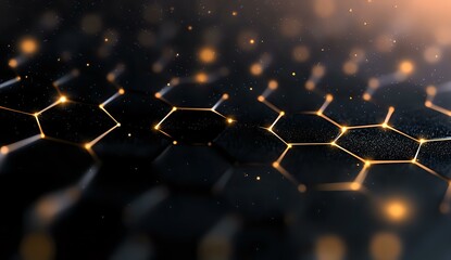 Obraz premium Glowing hexagonal molecular structure with golden light effects on dark background, abstract science and technology network visualization.