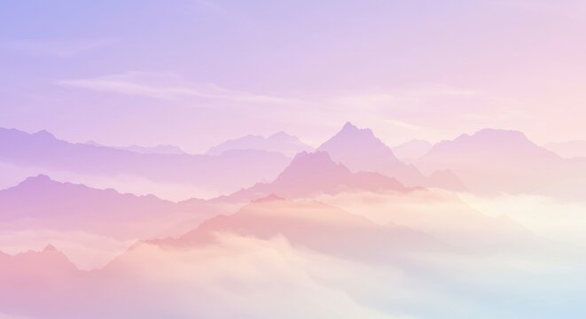 Pastel Mountain Peaks: Dreamy landscape of pastel-hued mountain peaks shrouded in soft clouds at sunrise or sunset, evoking serenity and tranquility. 