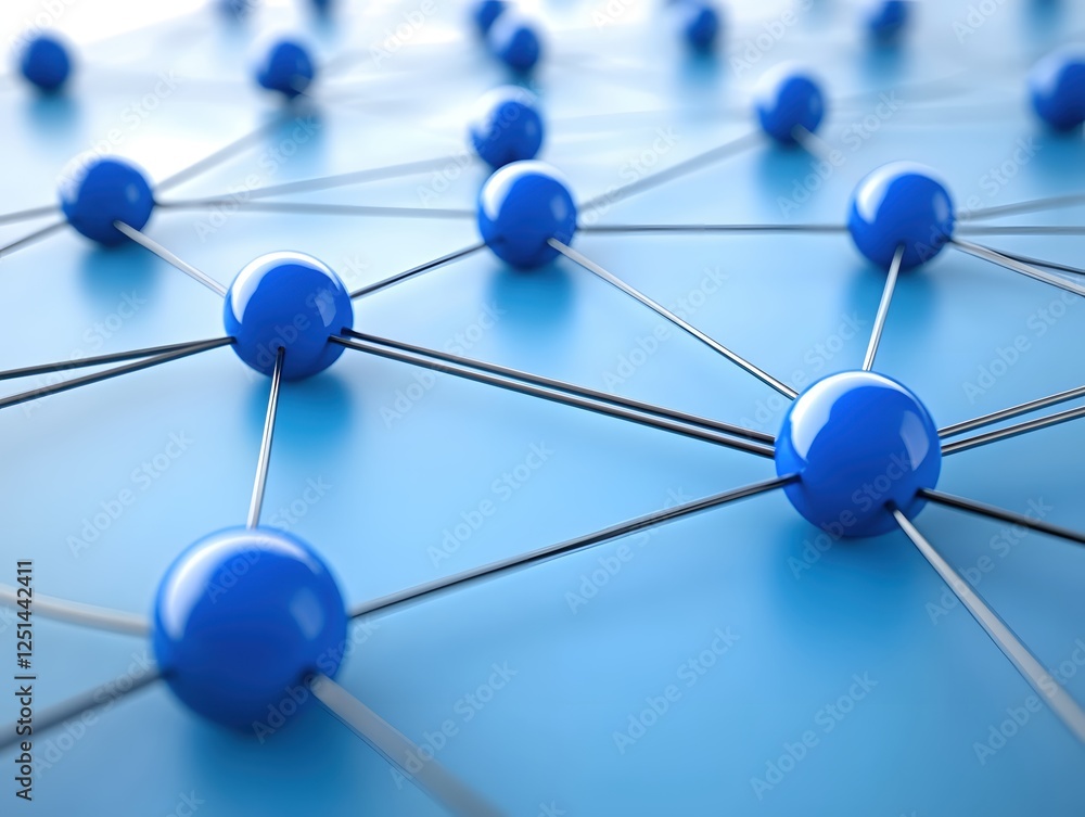 Poster abstract network of blue spheres connected by lines representing communication and structure