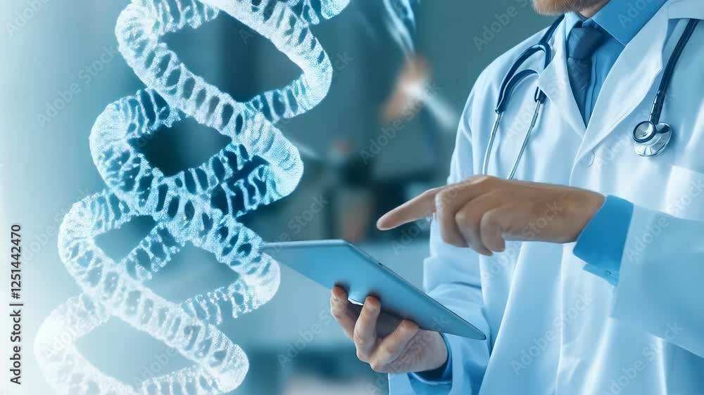 Poster medical innovation and healthcare research are depicted by a doctor using a tablet with a dna double