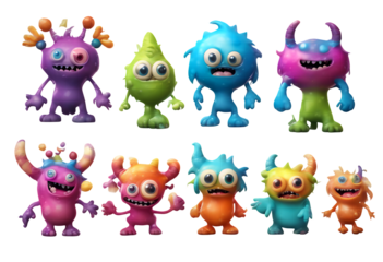 scary colorful products set transparent render elements baby kawaii packaging monster collection poster character cute background design kids style three-dimensional 3d funny cartoon monsters