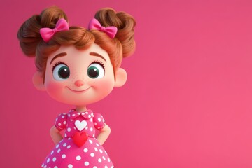 Fototapeta premium Cheerful cartoon girl in pink dress with polka dots and bows