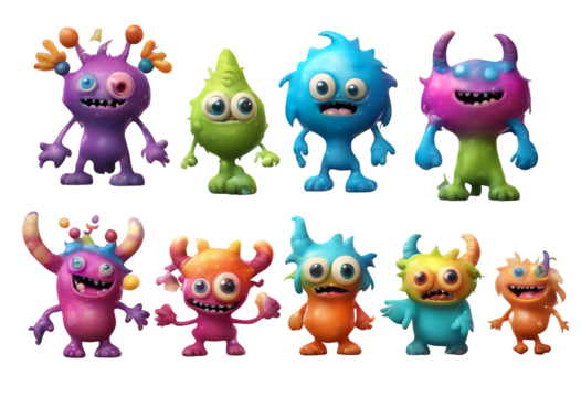 scary colorful products set transparent render elements baby kawaii packaging monster collection poster character cute background design kids style three-dimensional 3d funny cartoon monsters