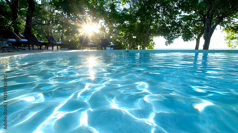 Poster tranquil swimming pool with crystal clear turquoise water reflecting sunlight through tree canopy, c