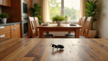 Ant on wooden table in a cozy kitchen