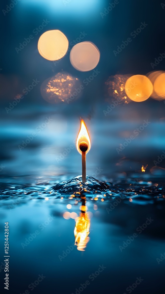 Poster Burning match standing in water with reflection against dark blue background and bokeh lights, creating magical atmospheric mood for spiritual concepts.