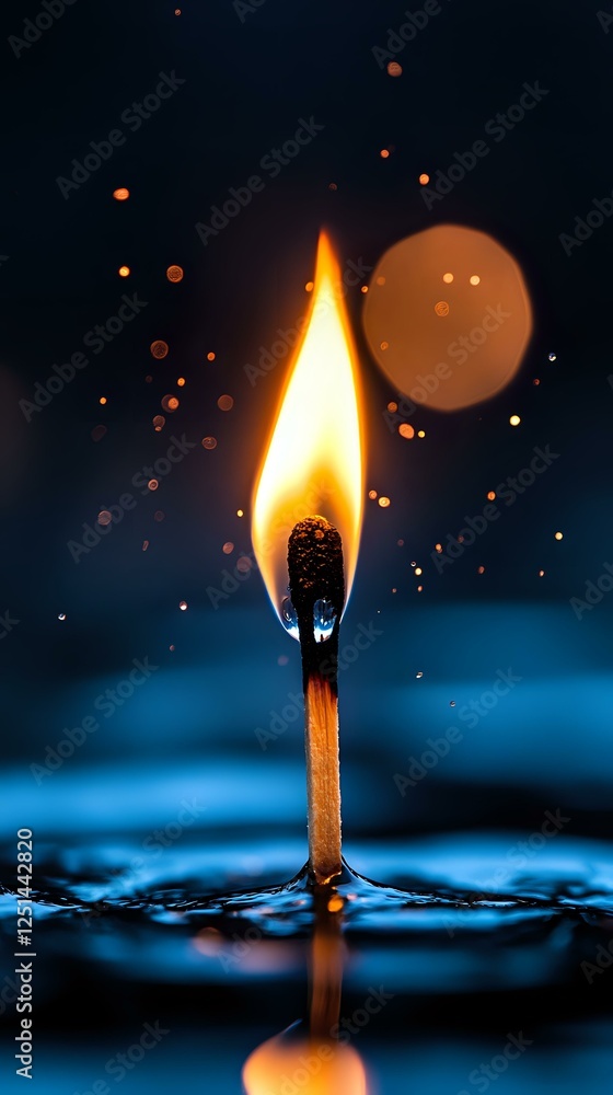 Poster burning match with bright flame reflected in water droplets against dark blue background, creating m
