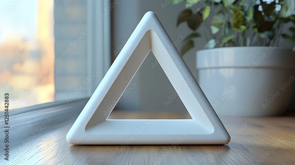 Poster white geometric pyramid shape on a window sill with a small potted plant in the background the simpl
