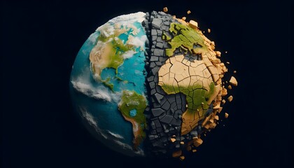 Half destroyed, half preserved Earth symbolizes environmental preservation, generative AI aiding Earth Day sustainability efforts.