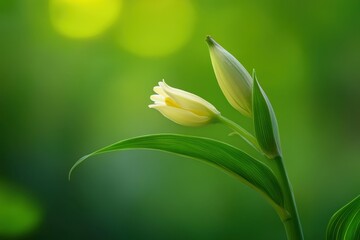 Delicate yellow flower bud emerging with lush green leaves