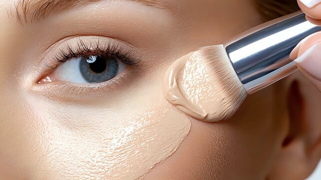 Makeup artist applying liquid foundation with professional brush on caucasian woman face. Close up of concealer application under eye area. Beauty cosmetics procedure.