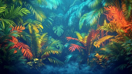 Vibrant Tropical Rainforest Exploration Lush Greenery Digital Art Serene Environment Wide Angle View Nature's Beauty