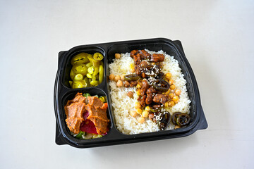 Traditional delicious Turkish food; Turkish style rice pilaf (Turkish name; Arpa sehriyeli. tavuk, kuru fasulyeli, pirinc pilavi). Cigerli, kavurmali, tereyagli nohut pilav.