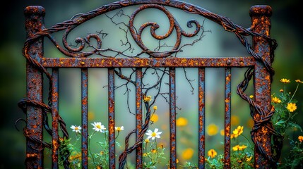 Rusty Metal Gate Wrapped in Vines Garden Pathway Nature Photography Overcast Day Close-Up Serenity and Decay