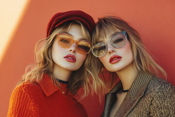 Obraz premium Two women in glasses and hats, laughing and holding shopping bags, walking down a bustling city street lined with colorful shops and cafes.
