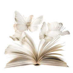 A book with pages that transform into butterfly wings, mid-flight, isolated on a white background.