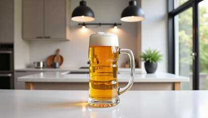 Beer mug filled with frothy beer on kitchen counter