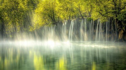 Naklejka premium Serene Waterfall Cascading into Tranquil Lake Nature Scene Lush Greenery Peaceful Environment Aerial View Relaxation Concept