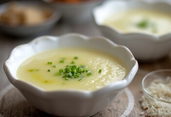 Creamy potato leek soup garnished with fresh chopped green chives in a white bowl, showcasing the velvety texture and inviting presentation perfect for culinary and comfort food content