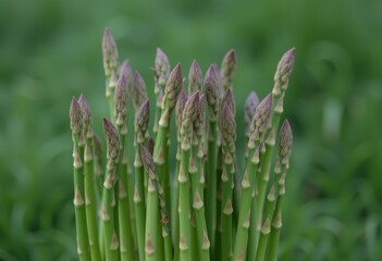 Fresh green asparagus spears neatly arranged on a white plate with a floral background, showcasing their vibrant color and crisp texture perfect for culinary and healthy eating content