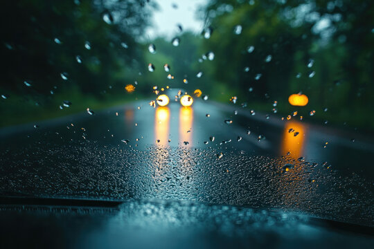 Rain drops race down the windshield of a car, distorting the view of a city street lit up by vibrant neon lights at night.