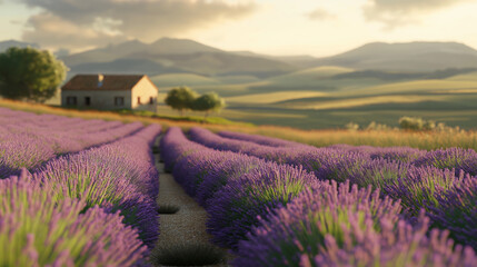 This beautiful sunrise showcases a vast lavender field, with colorful flowers stretching towards a charming cottage surrounded by rolling hills in the background.