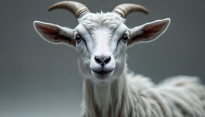 Fototapeta premium Close-up Portrait of a Majestic White Goat with Curved Horns
