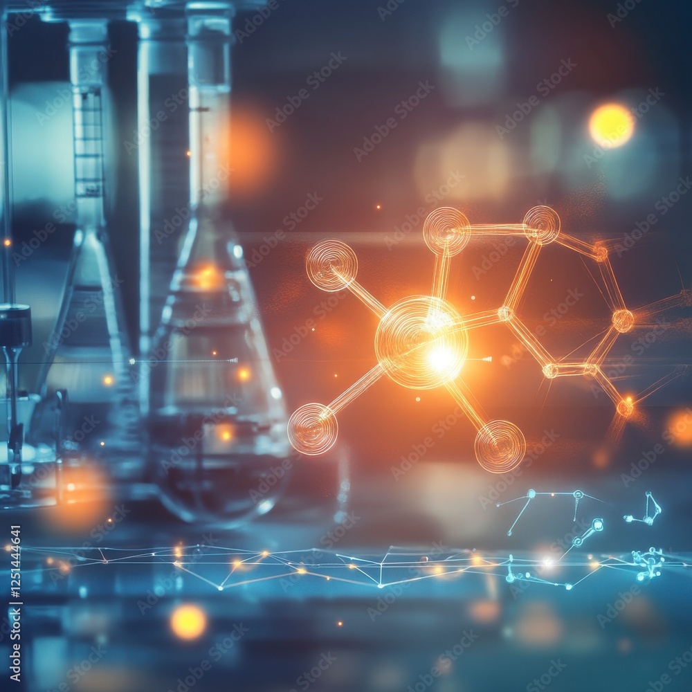 Poster abstract science laboratory scene with beaker and molecules keywords list science,laboratory,beakers