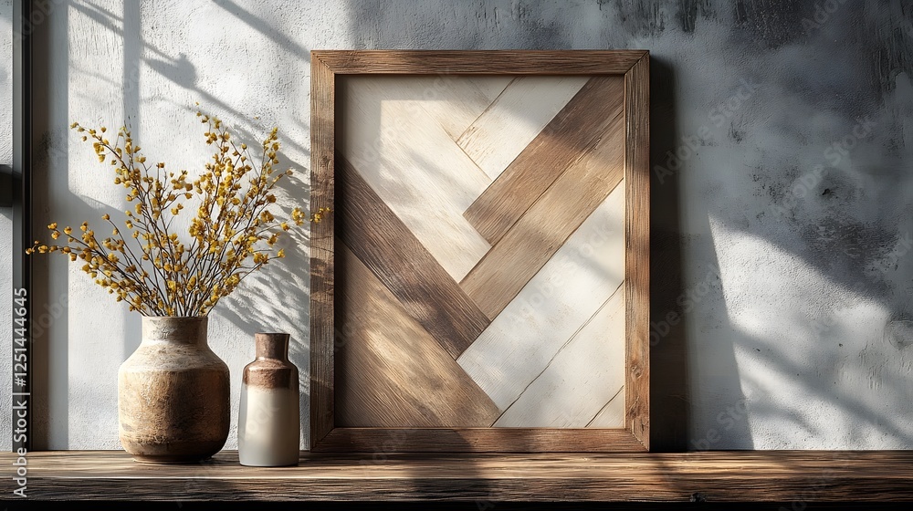 Fototapete wooden frame with geometric pattern design displayed on a wooden shelf alongside a vase of autumn fl
