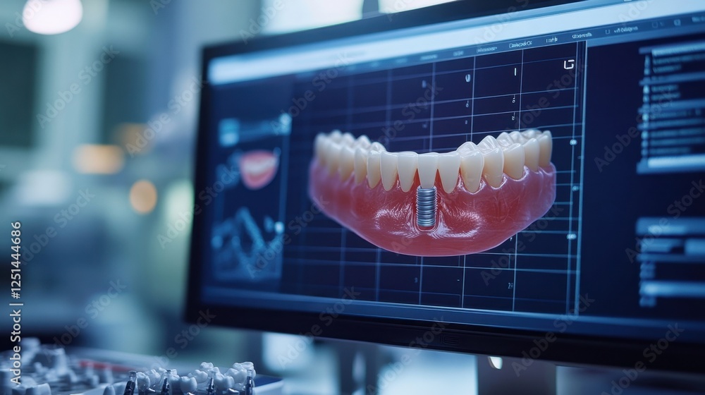 Poster high tech digital rendering of a dental implant displayed on a computer screen, showcasing advanced 