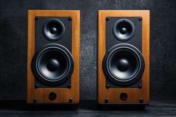 Fototapeta premium Wooden Speakers with Black Fabric Grilles on Dark Background