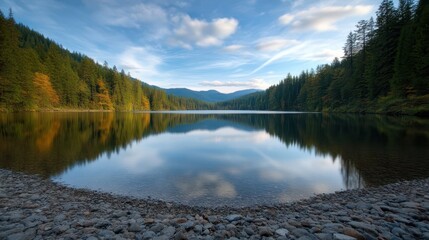 Fototapeta premium A tranquil lake surrounded by lush green trees and gentle hills showcases stunning reflections of the sky. This peaceful location evokes a sense of calmness and beauty
