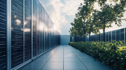 A long hallway with a wall of solar panels and a row of trees