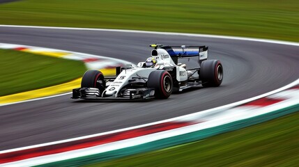 A race car is speeding around a track