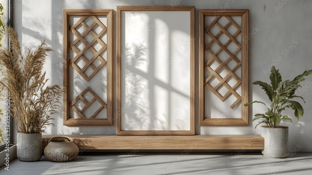 Poster Wooden frames and mirrors artfully arranged on a wall creating a calming and harmonious home interior design  The natural textures geometric patterns and minimal decor elements evoke a serene