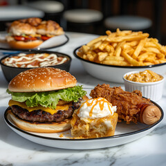 Juicy burger, fries, chicken, and sides on a table. Restaurant food photography for menus