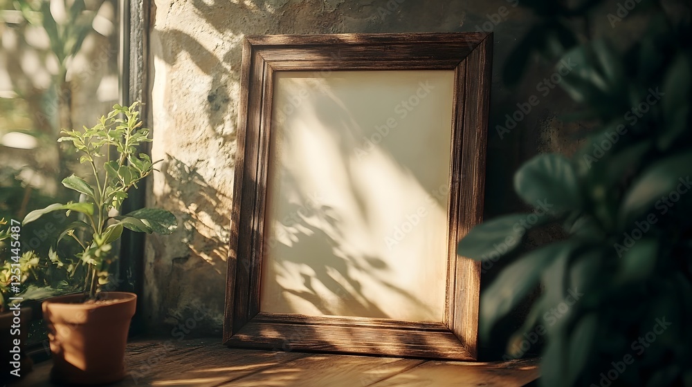 Poster Wooden photo frame placed on a natural stone wall surrounded by lush greenery and warm sunlight filtering through the window  The image conveys a peaceful serene and nature inspired atmosphere