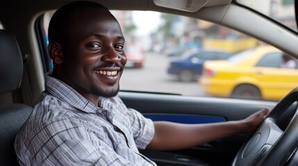 Obraz premium Handsome man in his 30s sitting in the driver's seat and smiling. Taxi driver listening to music on the car and changing the radio station