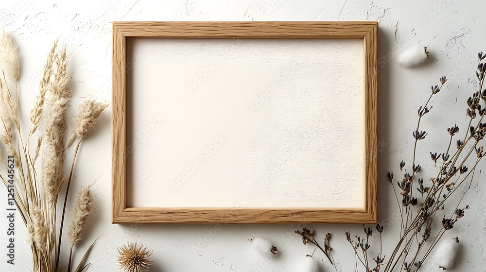 Fototapete wooden photo frame with natural dry wheat and botanical floral elements arranged in a minimalist rus