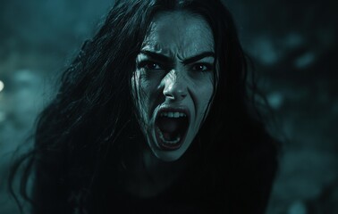 A woman with long hair is screaming in a dark room