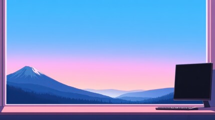 Fototapeta premium A tranquil workspace features a computer adjacent to a window showcasing a stunning sunset view of a mountain landscape, creating a calming atmosphere for focus and creativity