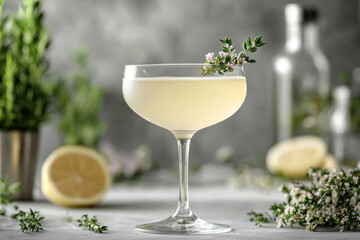 Glass filled with lemony cocktail, garnished with fresh mint leaves and a slice of lemon, set on a rustic wooden table with a colorful summer sunset in the background.