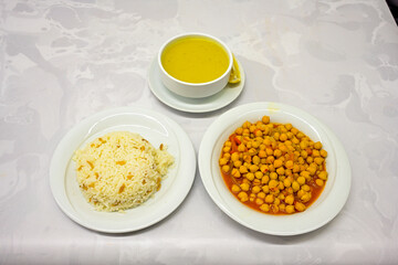 Traditional delicious Turkish food; Turkish style rice pilaf (Turkish name; Arpa sehriyeli. tavuk, kuru fasulyeli, pirinc pilavi). Cigerli, kavurmali, tereyagli nohut pilav.
