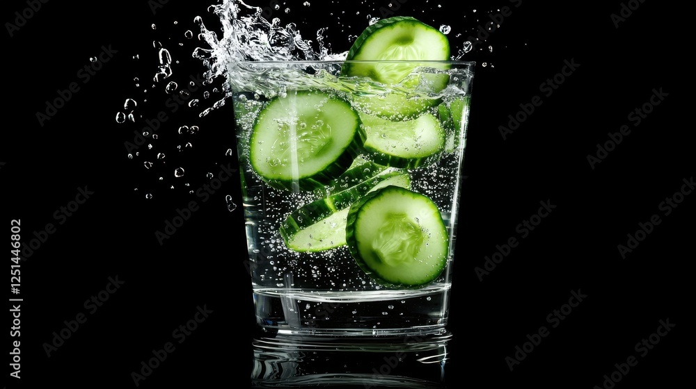 Poster a glass of water with cucumber slices floating in it