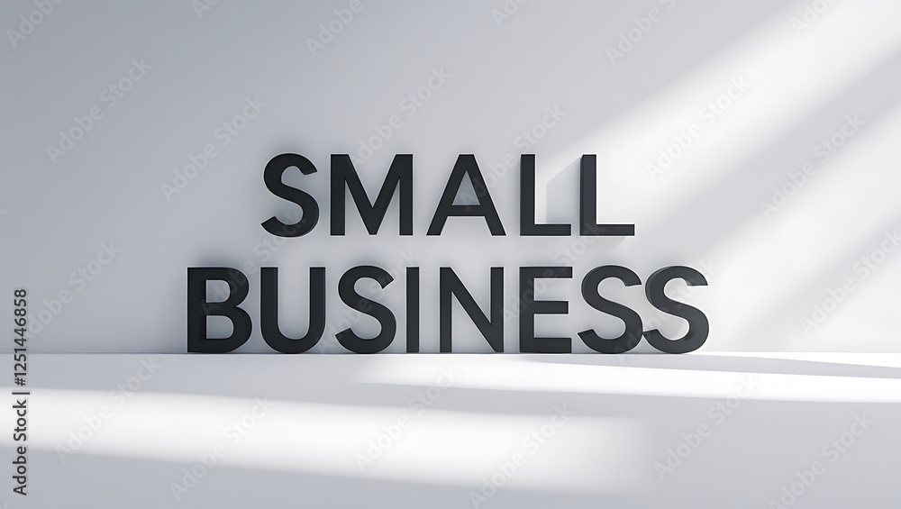 Poster black letters spelling small business are displayed against a plain background illuminated by soft l