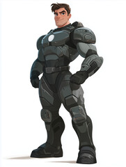 Fototapeta premium Cyberpunk Warrior: A futuristic, armored warrior stands tall with a determined expression and a hint of a smirk, ready to take on any challenge. His sleek, grey armor reflects the surrounding light.
