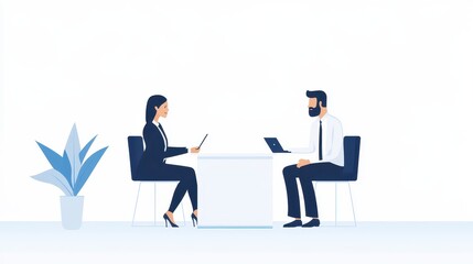 Two professionals sit across from each other at a clean, modern table in a stylish office. They engage in a discussion while using digital devices, focusing on their work